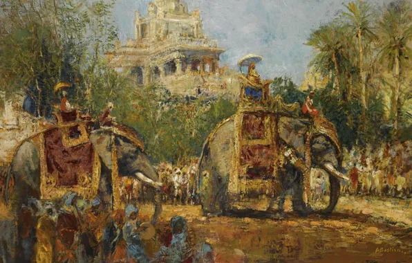 Картина, жанровая, Махараджа и его Слоны, Alfred Bastien