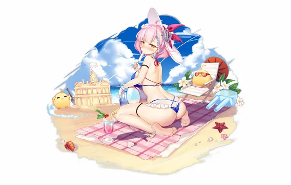 Girl, sexy, ass, beach, pink hair, sea, boobs, anime