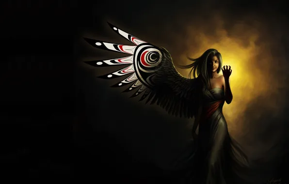 Картинка взгляд, девушка, фантастика, крылья, ангел, арт, черный фон, angel