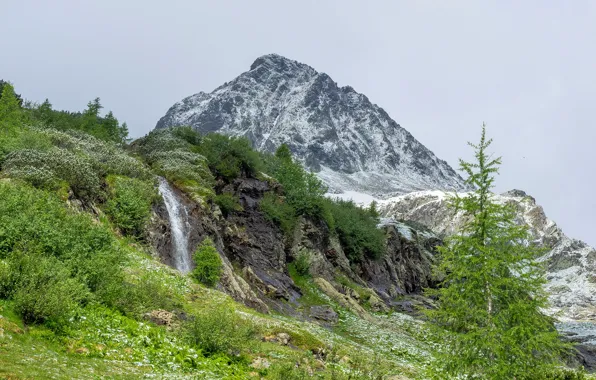 Картинка небо, трава, деревья, горы, камни, скалы, Франция, водопад