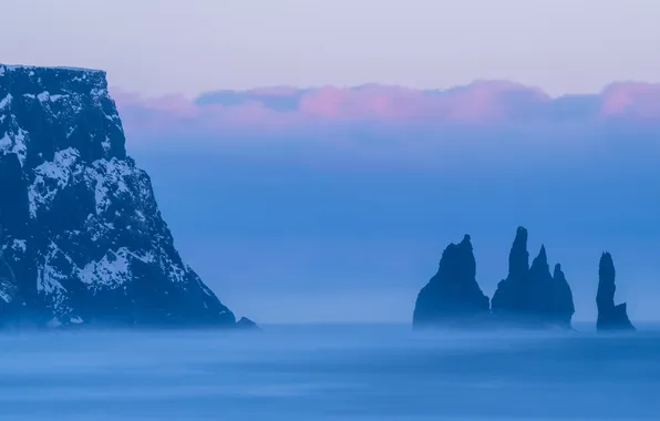 Море, небо, облака, горы, туман, синева, скалы, берег