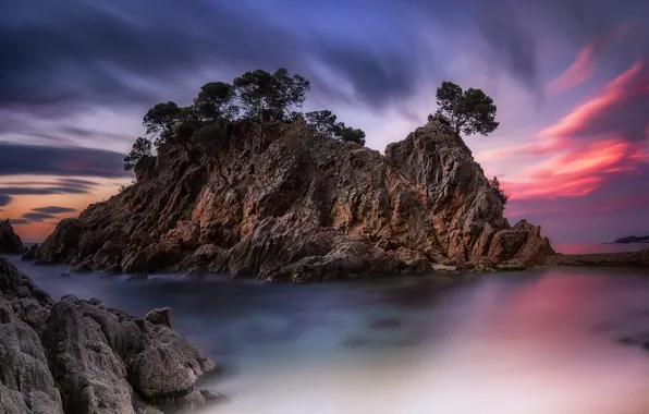 Море, деревья, пейзаж, закат, скалы, Испания, Каталония, Коста Брава