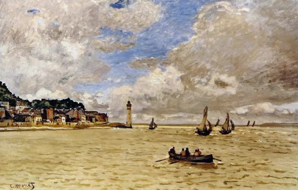Картинка лодка, маяк, картина, парус, морской пейзаж, Клод Моне, Lighthouse at the Hospice