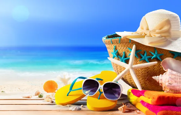 Картинка песок, море, пляж, лето, звезда, отпуск, шляпа, очки