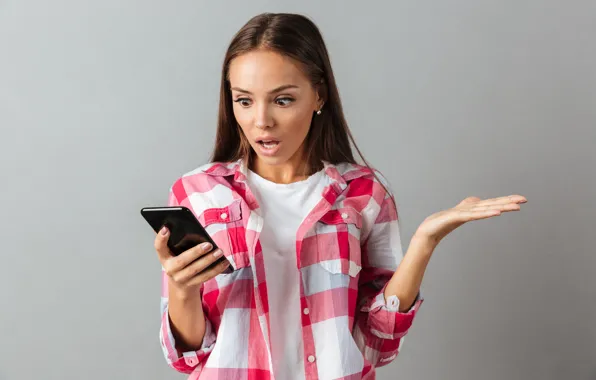 Woman, message, cell phone, surprise
