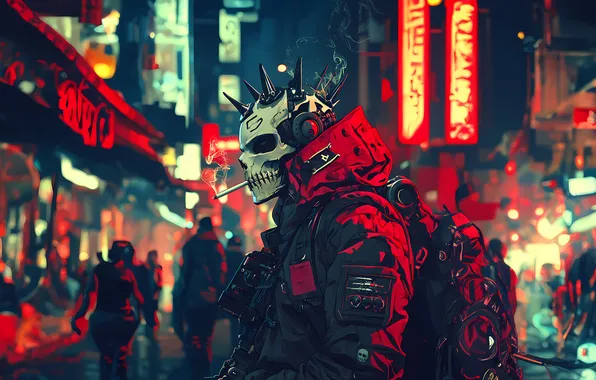 City, город, улица, череп, маска, skull, киберпанк, night