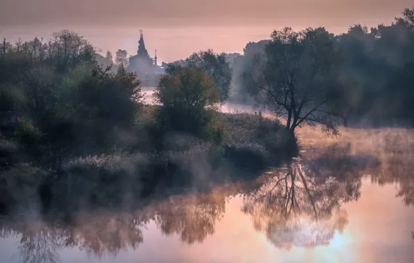 Картинка пейзаж, природа, туман, отражение, река, утро, церковь, Суздаль