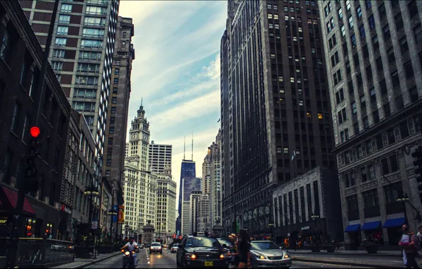 Картинка небо, машины, движение, люди, улица, здания, небоскребы, USA