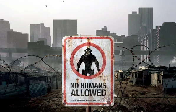 City, alien, sign, movie, skyscrapers, helicopters, No Humans Allowed, District 9