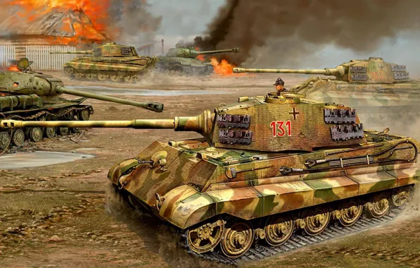 Война, рисунок, бой, Tiger II, Königstiger, ис-2, Тигр II, тяжёлый танк