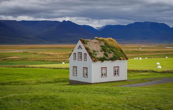Картинка крыша, трава, горы, природа, дом, Iceland, sod-house