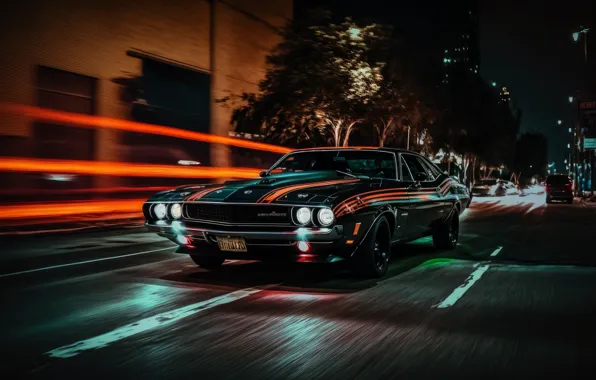 Car, city, lights, Dodge Challenger, night, street, ai art