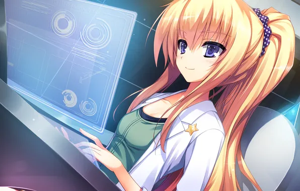 Компьютер, девушка, улыбка, работа, art, reminiscence re, kurayashiki kazuha