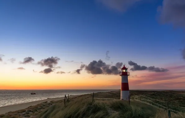 Море, закат, маяк