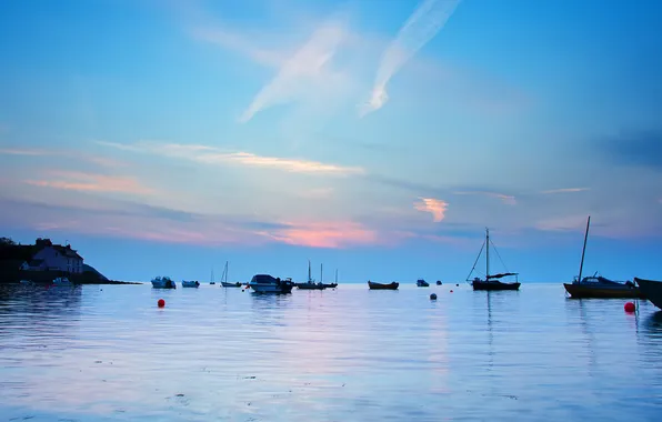 Картинка море, рассвет, лодки, утро, залив