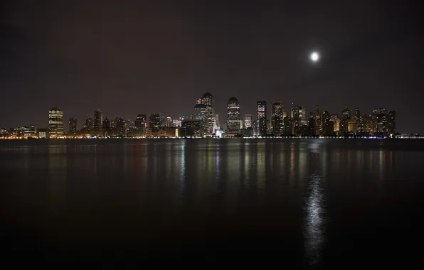 Ночь, река, луна, Нью-Йорк, небоскребы, USA, Манхэттен, Manhattan