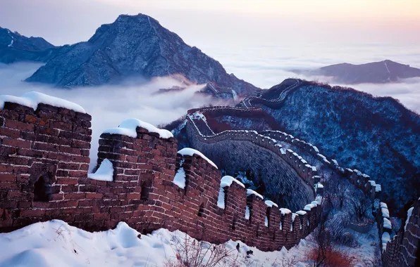 Картинка облака, снег, горы, растения, Великая Китайская стена