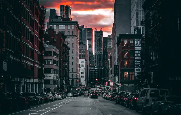 Вечер, Город, Улица, Машины, Здания, Здание, City, USA