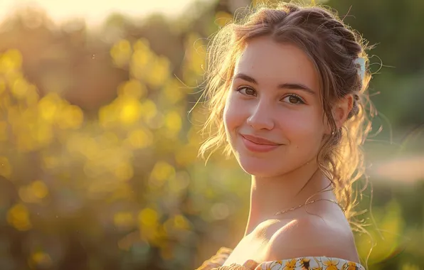 Взгляд, девушка, свет, природа, улыбка, шатенка, боке, ИИ-арт