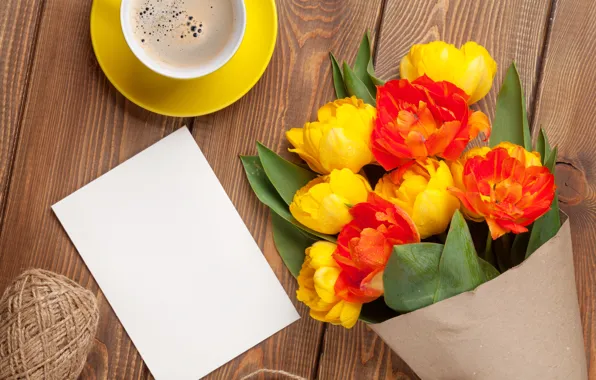 Картинка цветы, кофе, желтые, чашка, тюльпаны, красные, romantic, букет тюльпанов