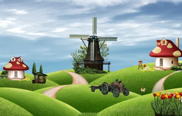 Картинка поле, дом, коллаж, гриб, сказка, трактор, ферма