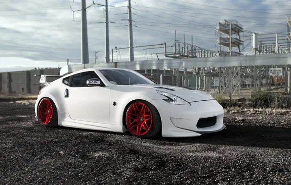 Картинка Nissan, Red, Front, White, 370Z, Stance, Wheels, Pure