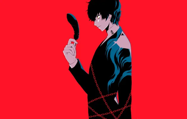 Перо, игра, аниме, арт, парень, красный фон, Persona 5, Персона 5