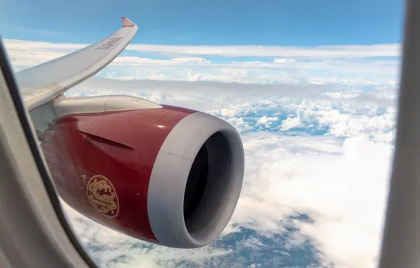 Облака, двигатель, турбина, полёт, самолёт, Boeing 787-9