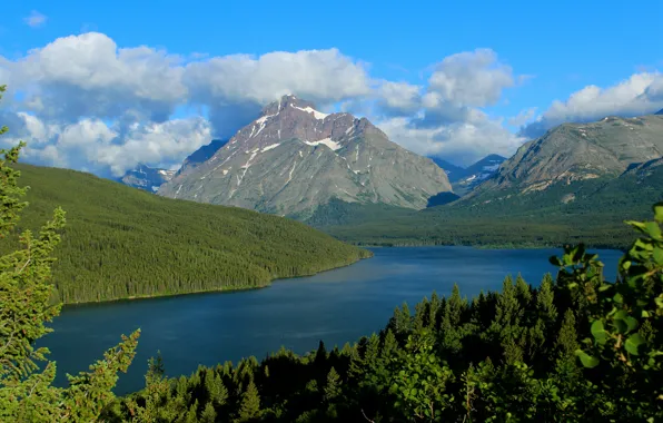 Лес, горы, озеро, Монтана, Glacier National Park, Two Medicine Lake, Montana, Национальный парк Глейшер