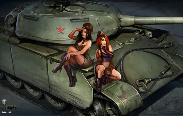 Картинка девушки, рисунок, арт, танк, советский, средний, World of Tanks, танкистки