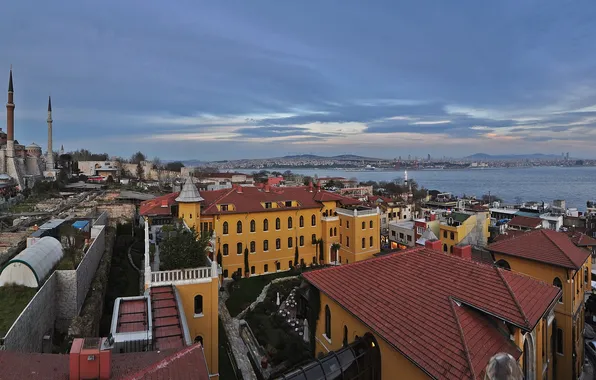 Картинка пролив, дома, панорама, мечеть, Стамбул, Турция, минарет, Босфор