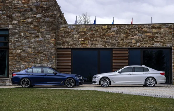Картинка белый, дом, газон, BMW, профиль, гибрид, 5er, тёмно-синий