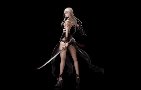 Девушка, оружие, меч, катана, блондинка, girl, sword, черный фон