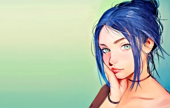 Девушка, лицо, рисунок, girl, green eyes, зеленые глаза, face, фиолетовые волосы