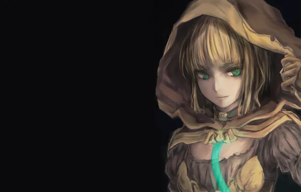 Взгляд, девушка, портрет, капюшон, плащ, чёрный фон, Gretel, Sinoalice