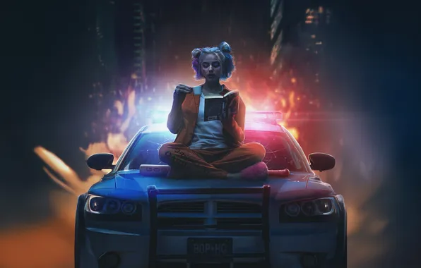 Картинка car, police, bonnet, harley quinn