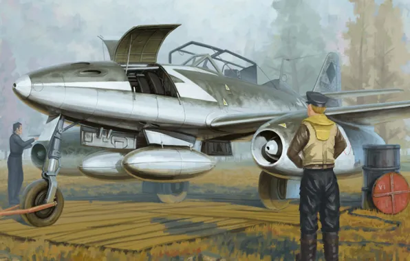 Картинка war, art, airplane, painting, aviation, jet, ww2, Messerschmitt Me 262