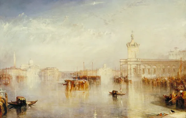 Картинка море, дома, картина, лодки, Venice, городской пейзаж, Уильям Тёрнер, Dogano