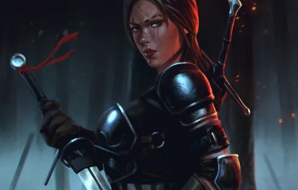 Картинка девушка, меч, арт, броня, шрам, Witcher 3