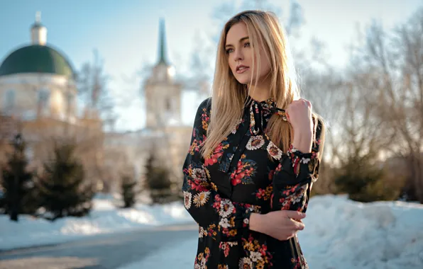 Зима, взгляд, девушка, природа, поза, волосы, платье, красивая