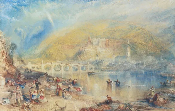 Картинка пейзаж, горы, мост, река, люди, картина, Уильям Тёрнер, Heidelberg with a Rainbow