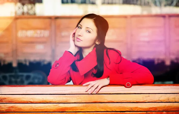 Глаза, девушка, скамейка, дерево, волосы, поезд, губы, girl