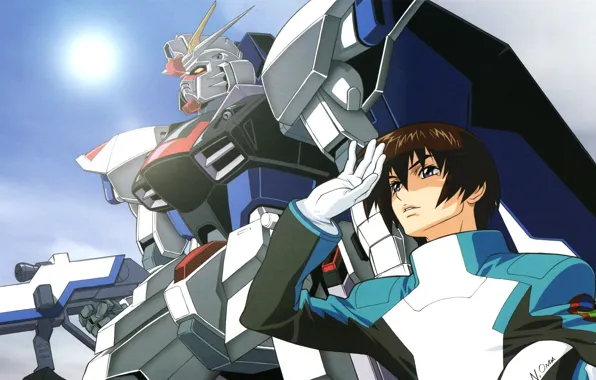 Небо, оружие, перчатки, форма, парень, gundam seed, боевой робот