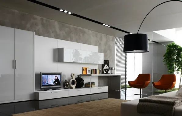 Картинка дизайн, стиль, комната, мебель, лампа, интерьер, телевизор, кресла