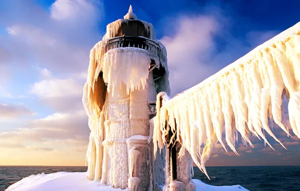 Картинка лед, зима, море, небо, маяк