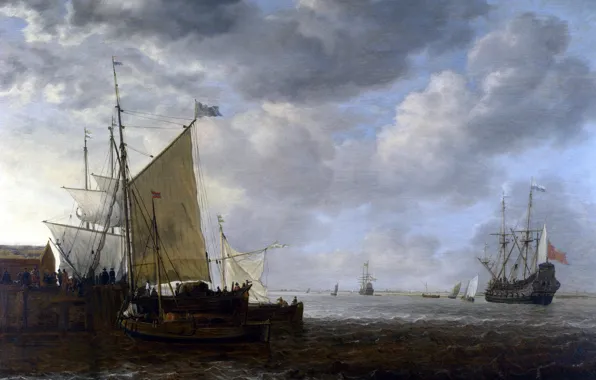 Картинка корабль, картина, парус, морской пейзаж, Simon de Vlieger, Вид на Эстуарий, Симон де Флигер