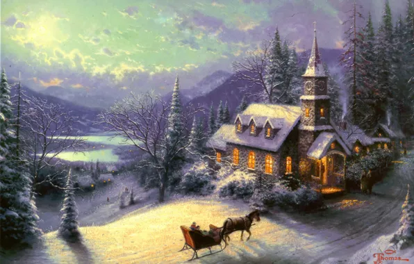 Картинка сани, горы, арт, зима, дорога, часовня, ели, рисунок, рисунки, лес, Thomas Kinkade, картина, отдых, снег, …