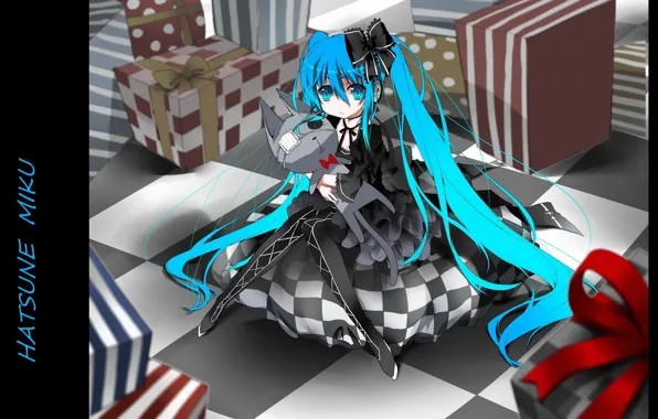 Полоски, подарки, подушка, vocaloid, черное платье, бант, Hatsune Miku, вокалоид