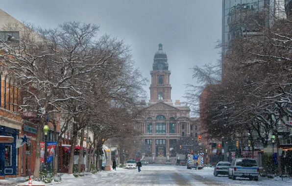 Картинка снег, snow, usa, Texas, Техас, Форт-Уэрт, Courthouse, Fort Worth