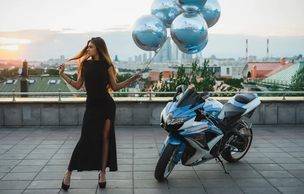 Девушка, шарики, поза, воздушные шары, платье, мотоцикл, Suzuki, Илья Пистолетов